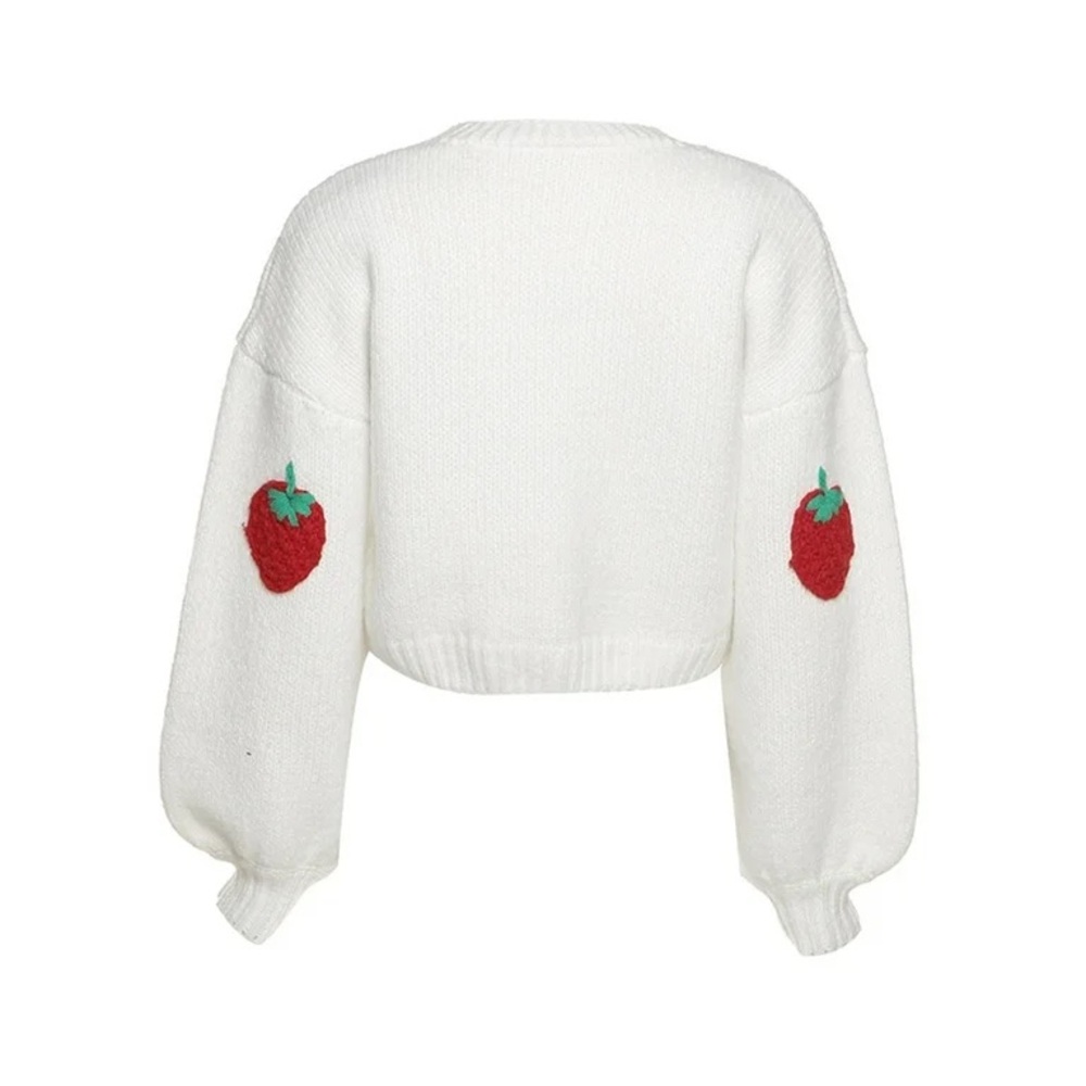 Oversized Crocheted Cardigan Sweater 3D Red Roses Chunky Knit Cream Button Down - Picture 2 of 3